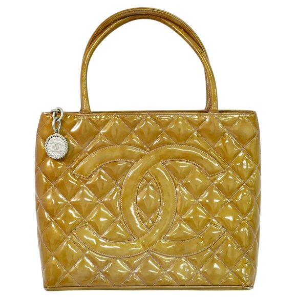 CHANEL CC Medallion Patent Leather Tote Handbag Brown Silver - Picture 1 of 10